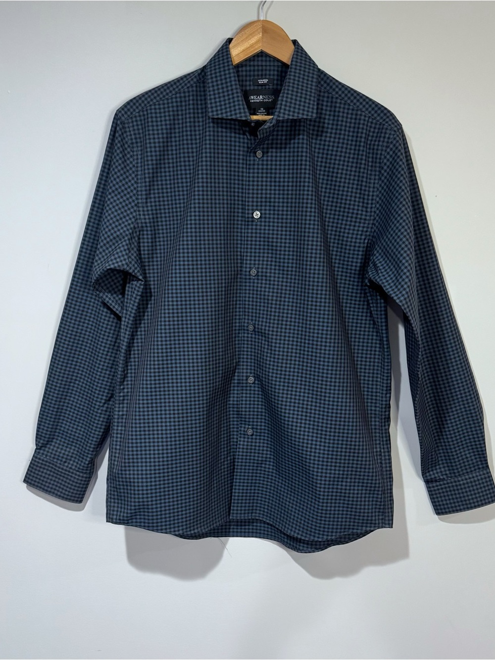 Kenneth Cole AWEARNESS NWT No Iron Slim Fit Dress Shirt Blue Check Size 16 34/35